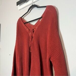 Altar’d State Lace Up Rust Orange Sweater Size Small Oversized High Low V-Neck